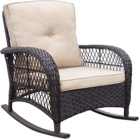 Outdoor Patio Wicker Rocker Chair; Porch Rattan Rocking Chair with Soft Cushions; Khaki