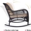 Outdoor Patio Wicker Rocker Chair; Porch Rattan Rocking Chair with Soft Cushions; Khaki