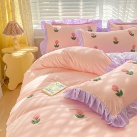 Princess Style Towel Embroidered Washed Cotton Four Piece Set (Option: Pink Purple-1.5m Flat Sheetfour piece set)