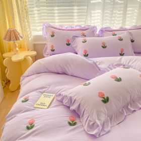 Princess Style Towel Embroidered Washed Cotton Four Piece Set (Option: Purple-1.5m Flat Sheetfour piece set)