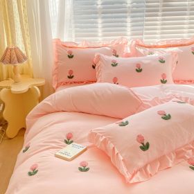 Princess Style Towel Embroidered Washed Cotton Four Piece Set (Option: Pink-1.5m Flat Sheetfour piece set)