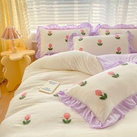 Princess Style Towel Embroidered Washed Cotton Four Piece Set (Option: White powder-1.2m Flat Sheetthree piece set)