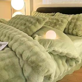 Plush Four-piece Set Milk Fiber Thickened Thermal Coral Fleece (Option: Matcha Green-150cm Bed Sheet Four Piece Set)