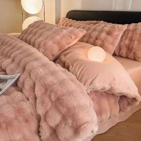 Plush Four-piece Set Milk Fiber Thickened Thermal Coral Fleece (Option: Pink Bean Paste-180cm Bed Sheet Four Piece Set)